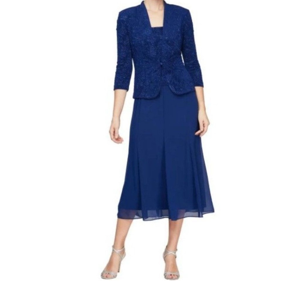 Alex Evenings Glitter Mock Two-Piece Blue Midi Dress with jacket